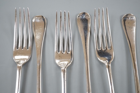 A set of six Edwardian silver Hanovarian pattern table forks, Walker & Hall, Sheffield, 1909, 14oz.